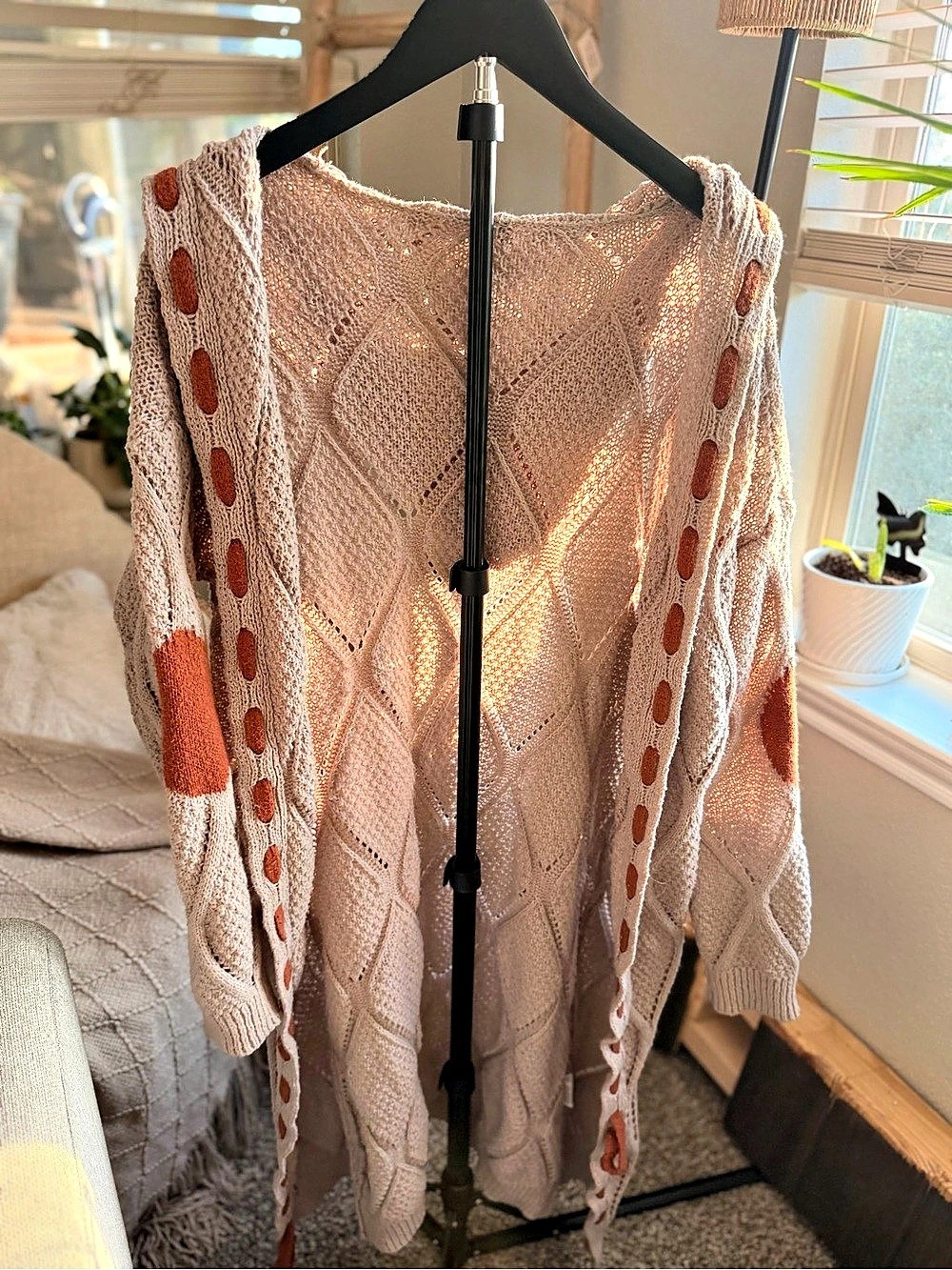 Cream Rust Hooded Open Knit Boho Cardigan Size M